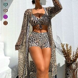 Amazon Beige & Black Geometric 3-Piece Swim Coverup Set